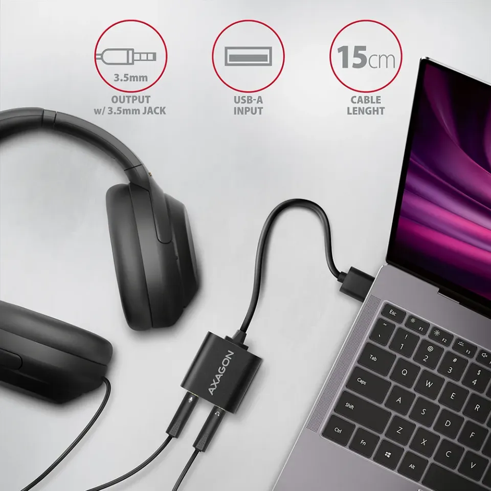 AXAGON ADA-12 USB - cable audio USB zvukovka s 15 cm kablíkem a kovovým tělem