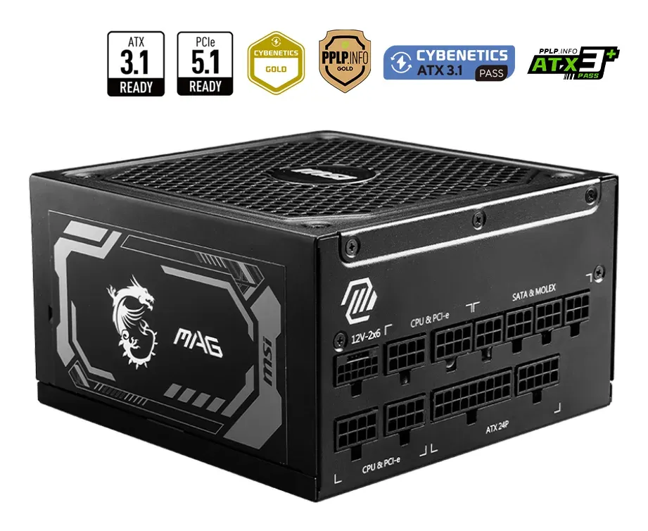 MSI zdroj MAG A1250GL PCIE5/ 1250W/ ATX3.1/ akt. PFC/ 7 let celk. záruka/ 135mm fan/ modulární kabeláž/ 80PLUS Gold