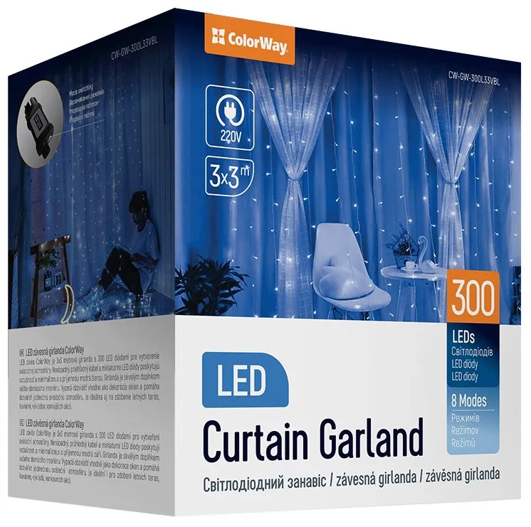COLORWAY LED girlanda/ vnitřní / 300 LED / délka 3 x 3m / modrá/ AC 220V