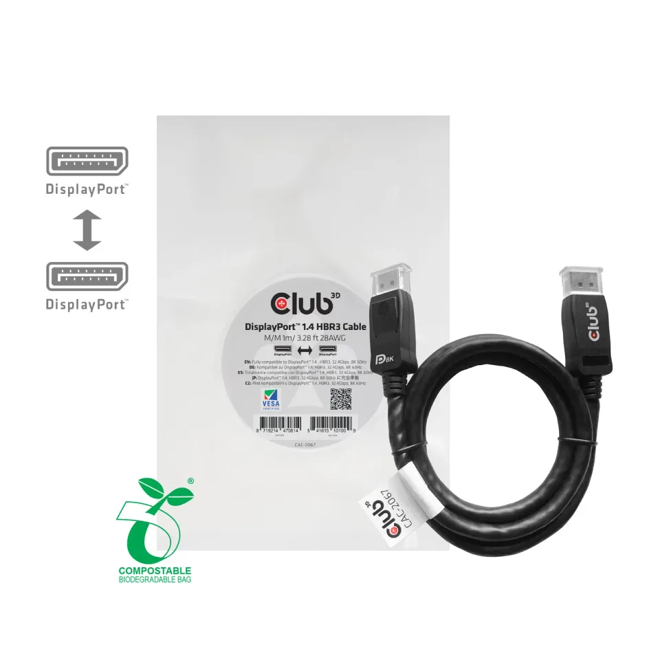 Club3D Certifikovaný Kabel DisplayPort 1.4 HBR3 8K60Hz (M/M), 1m