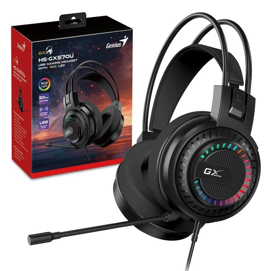 Genius GX GAMING HS-GX570U, Headset, herní, náhlavní, drátový, RGB LED, ovládání