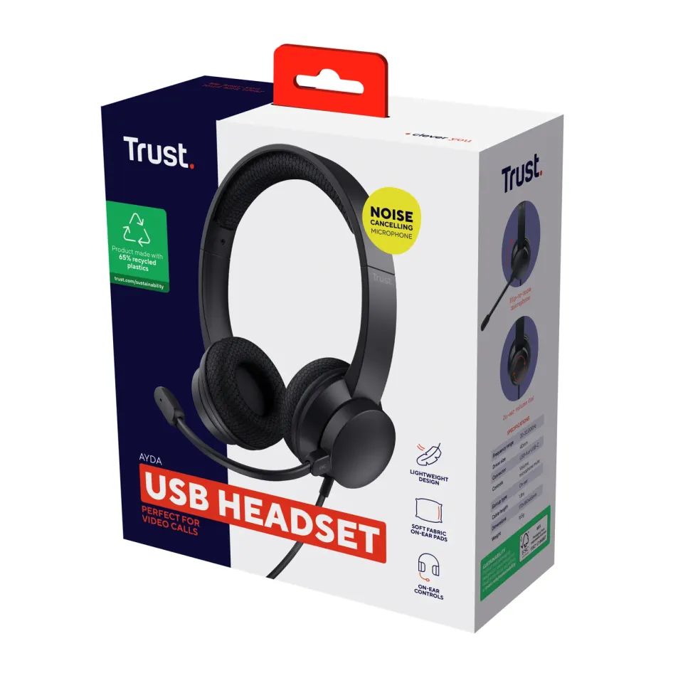 TRUST sluchátka s mikrofonem Ayda PC headset, USB, EKO Produkt, Noise-Cancelling