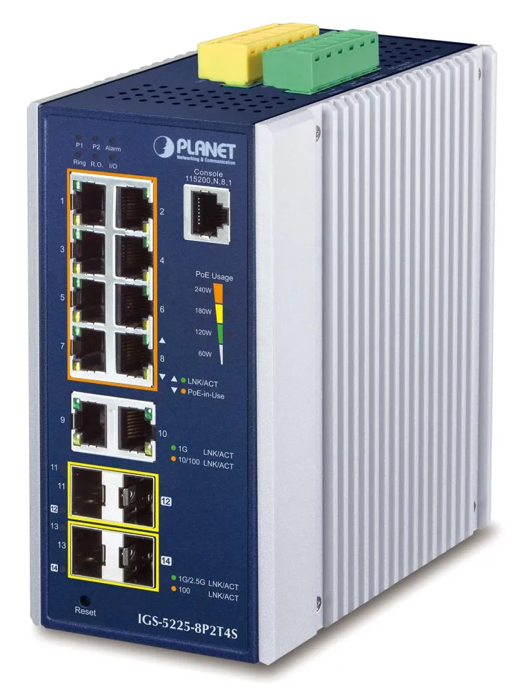 Planet IGS-5225-8P2T4S průmyslový L3 switch, 8x1Gb, 2x1Gb SFP, 2x2.5Gb SFP, 8x PoE 802.3at 240W, dual 48-54VDC, -40~75°C