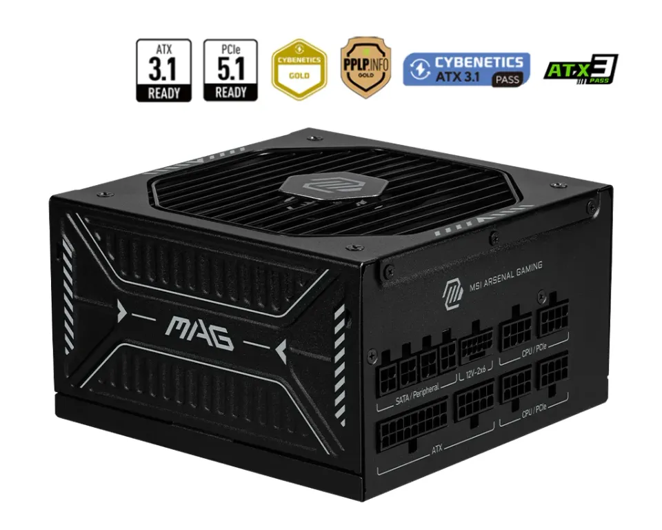 MSI zdroj MAG A850GLS PCIE5/ 850W/ ATX3.1/ akt. PFC/ 7 let celk. záruka/ 135mm fan/ modulární kabeláž/ 80PLUS Gold