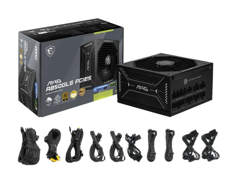MSI zdroj MAG A850GLS PCIE5/ 850W/ ATX3.1/ akt. PFC/ 7 let celk. záruka/ 135mm fan/ modulární kabeláž/ 80PLUS Gold