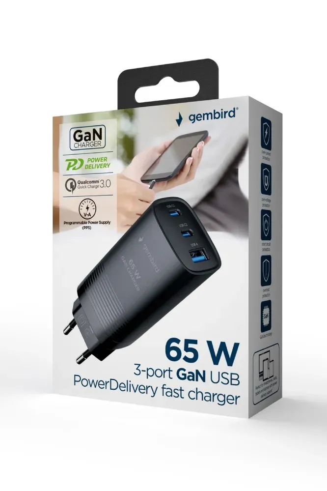 GEMBIRD, Nabíječka USB, 3x port, 65W, rychlé nabíjení, černá