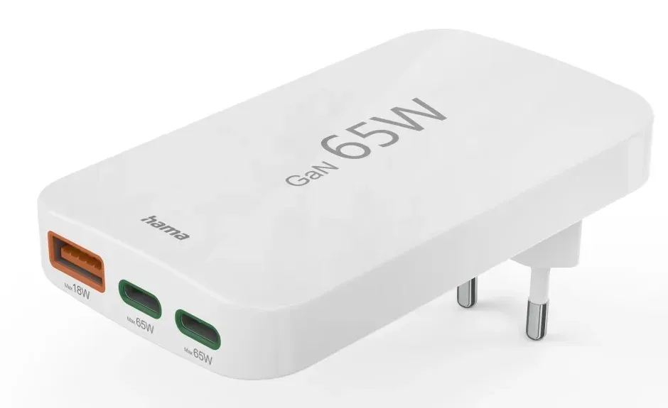 Hama rýchla USB nabíjačka GaN 2x USB-C + USB-A, PD/QC 65 W, plochá, skladacia