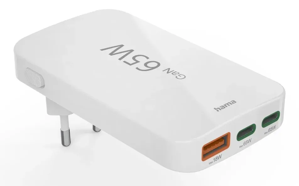 Hama rýchla USB nabíjačka GaN 2x USB-C + USB-A, PD/QC 65 W, plochá, skladacia