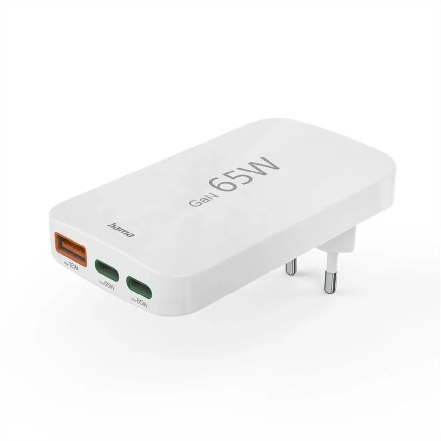 Hama rýchla USB nabíjačka GaN 2x USB-C + USB-A, PD/QC 65 W, plochá, skladacia