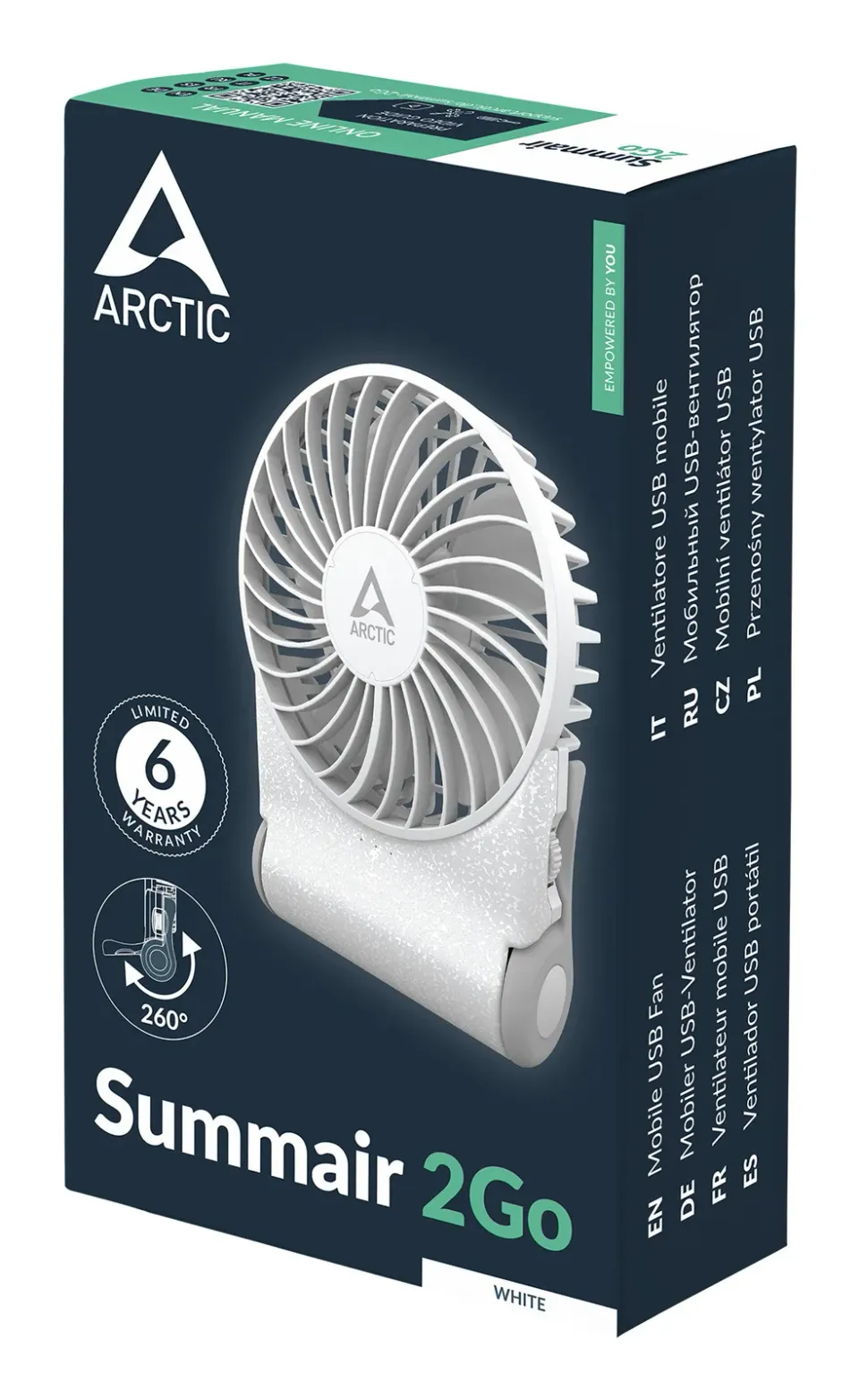 ARCTIC Summair 2Go (White) - Rechargeable Pocket Fan with Stand (74 hours of battery life and variab