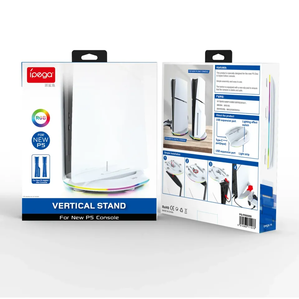 iPega P5S035SA Vertikální Stojan (2xUSB-A) s RGB pro PS5 Slim/PS5 Pro White