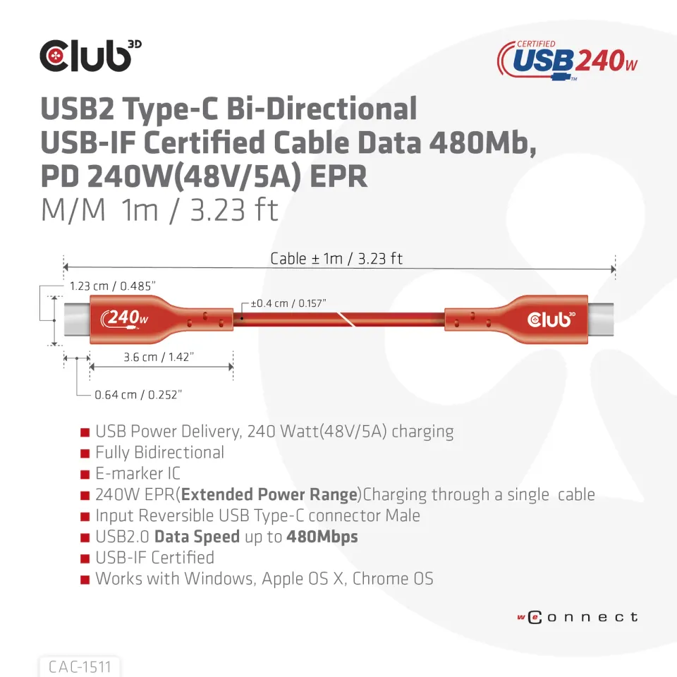 Club3D kabel USB-C, Oboustranný USB-IF Certifikovaný data kabel, PD 240W(48V/5A) EPR M/M 1m