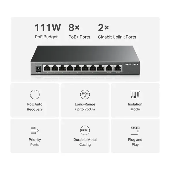 Mercusys MS110GMP 10portový gigabitový stolní switch s 8 porty PoE+