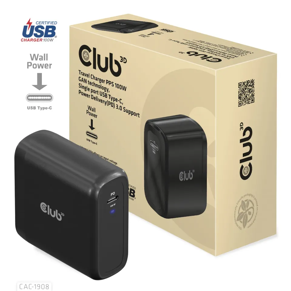 Club3D cestovní nabíječka 100W GAN technologie, USB-IF TID certified, USB Type-C, Power Delivery(PD) 3.0 Support