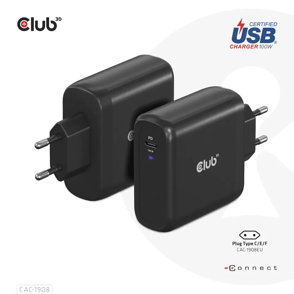 Club3D cestovní nabíječka 100W GAN technologie, USB-IF TID certified, USB Type-C, Power Delivery(PD) 3.0 Support