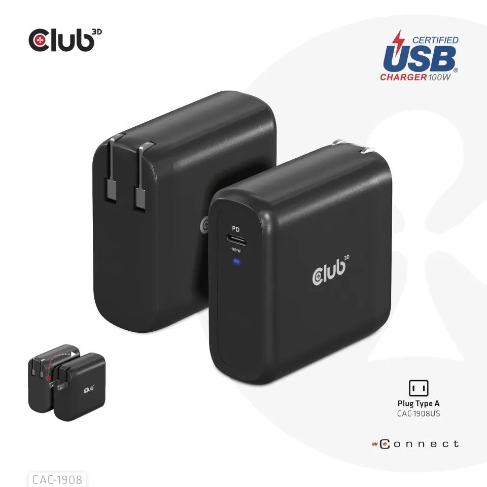Club3D cestovní nabíječka 100W GAN technologie, USB-IF TID certified, USB Type-C, Power Delivery(PD) 3.0 Support