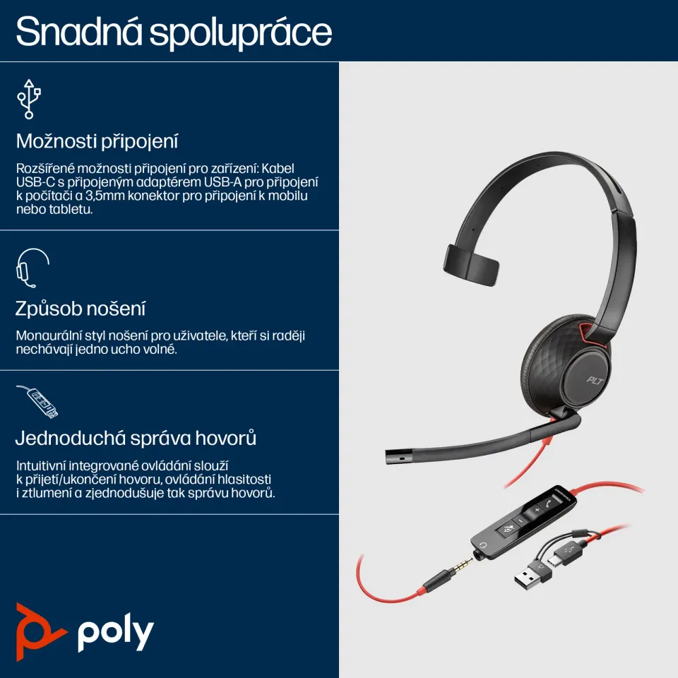 Poly Blackwire 5210 náhlavní souprava, 3.5 mm jack + USB-C/A adaptér, mono