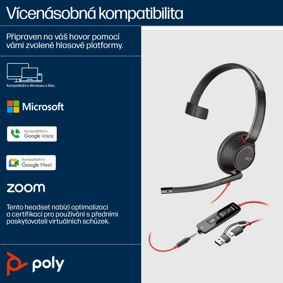 Poly Blackwire 5210 náhlavní souprava, 3.5 mm jack + USB-C/A adaptér, mono