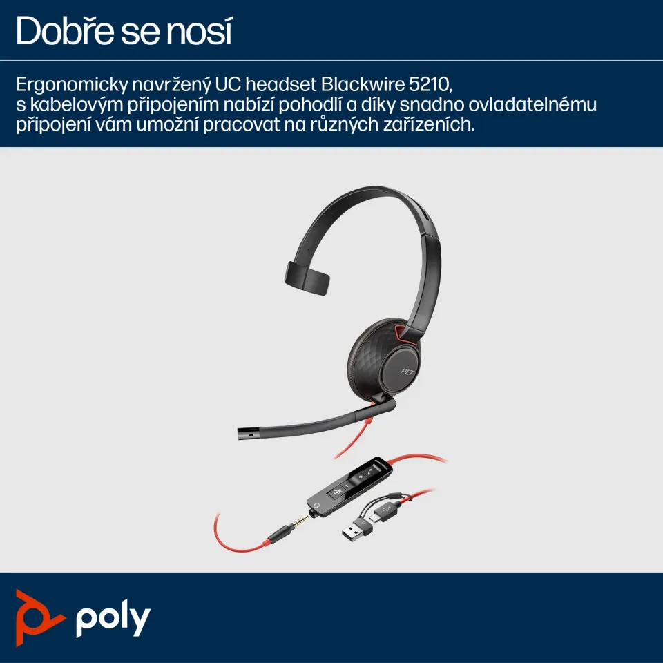 Poly Blackwire 5210 náhlavní souprava, 3.5 mm jack + USB-C/A adaptér, mono