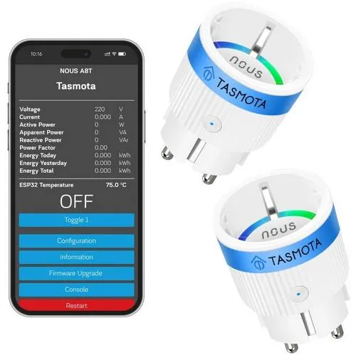 NOUS A8T (2 kusy) smart plug, chytrá zásuvka DE/Schuko (bez kolíku), WiFi 10A, s měřením, kompatibilní s Tasmota
