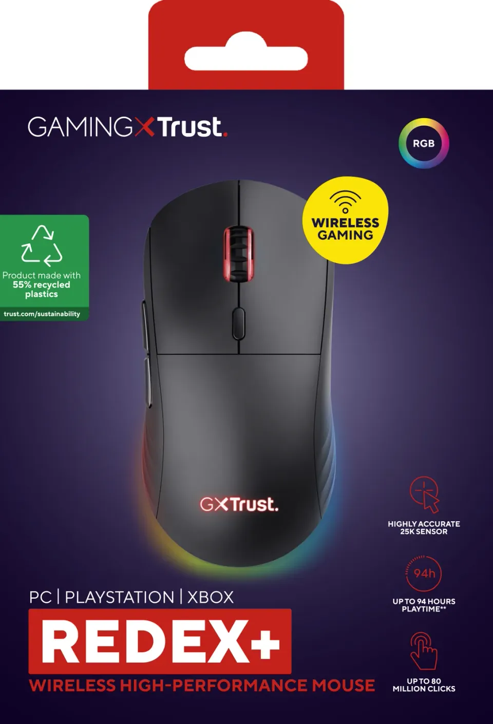 Trust GXT 927 REDEX+/Herní/Laserová/Pro praváky/25 600 DPI/Drátová+bezdrátová/Černá
