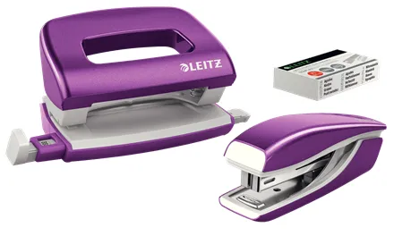 LEITZ Set mini sešívačky a děrovačky WOW, purpurová