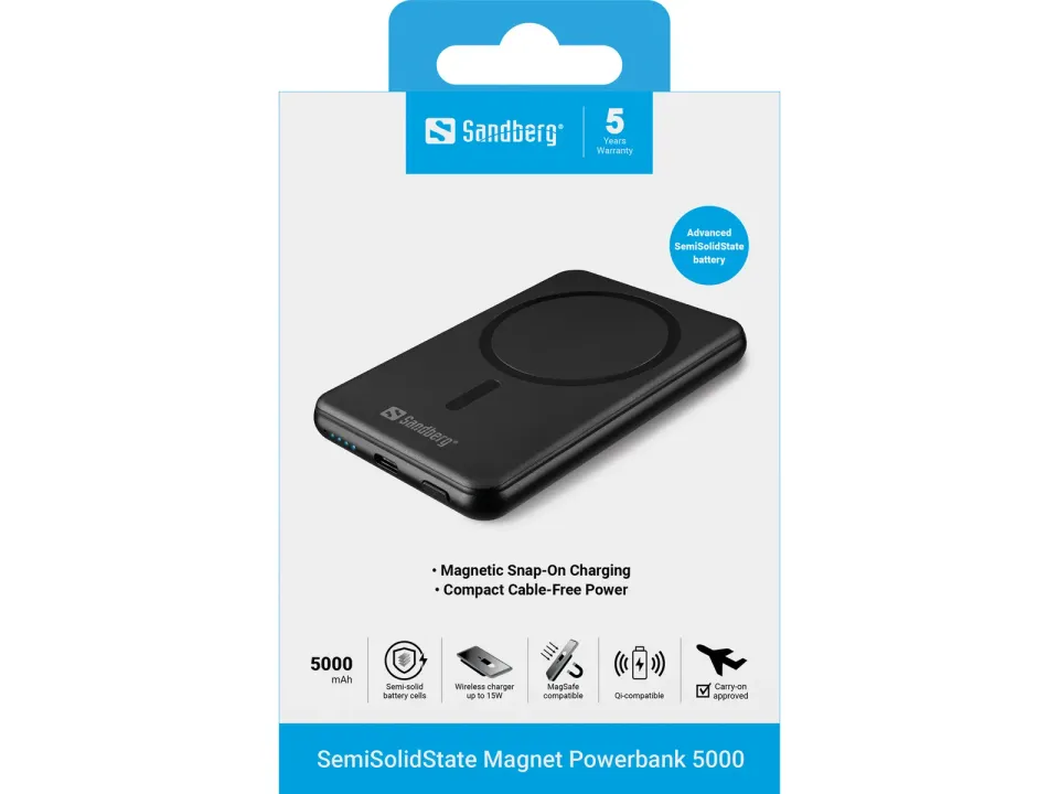 Sandberg SemiSolidState Magnet Powerbank 5000 mAh PD20W, magnetická powerbanka, černá