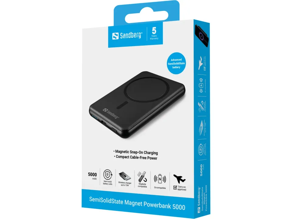 Sandberg SemiSolidState Magnet Powerbank 5000 mAh PD20W, magnetická powerbanka, černá