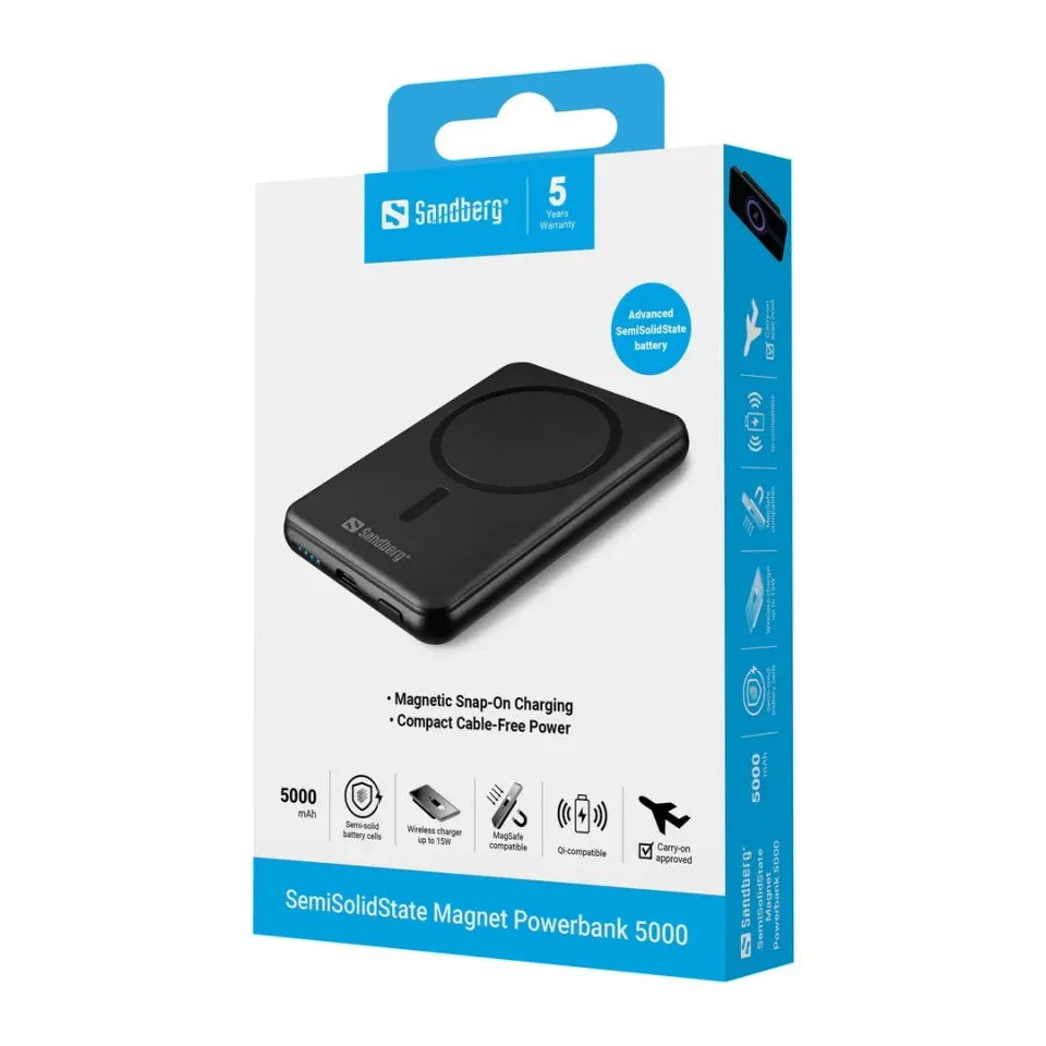 Sandberg SemiSolidState Magnet Powerbank 5000 mAh PD20W, magnetická powerbanka, černá