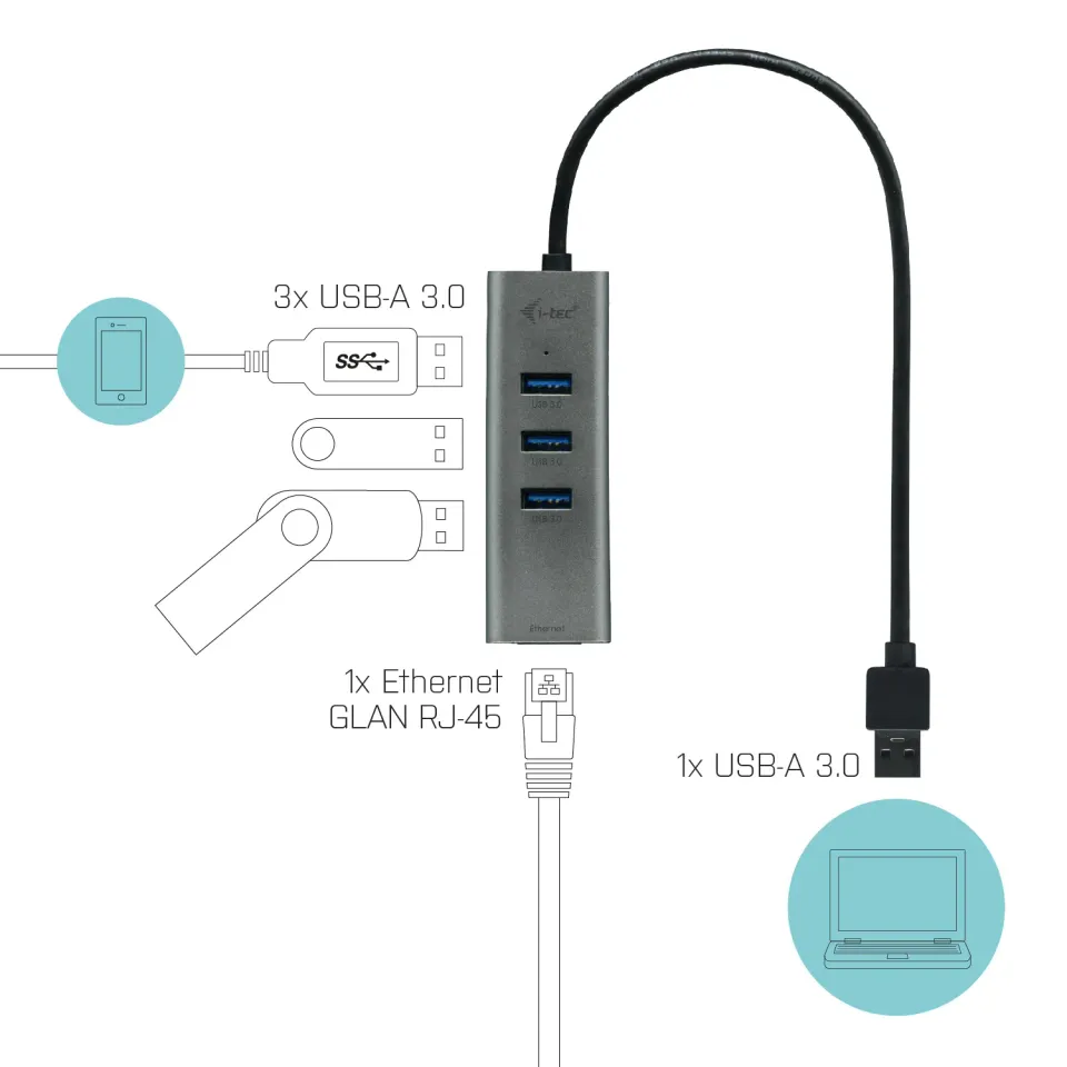 i-Tec USB3.0 HUB 3port Metal + Gigabit Ethernet adaptér, 1x USB na RJ-45