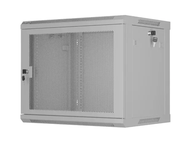 NÁSTĚNNÁ INSTALAČNÍ SKŘÍŇ 19" 9U 600X450 ŠEDÉ PERFOROVANÉ DVEŘE - PLOCHÉ BALENÍ