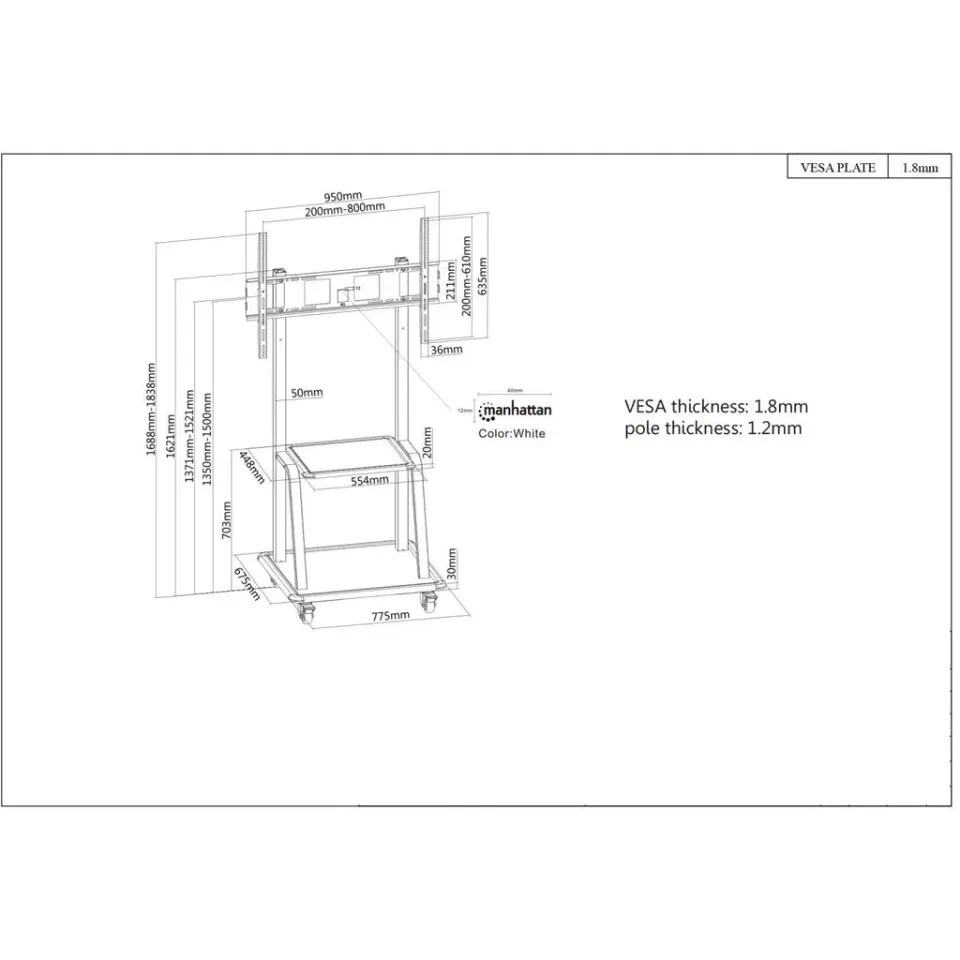 Manhattan univerzální TV vozík, Universal Heavy Duty TV Cart, 37" až 100" TV, černá
