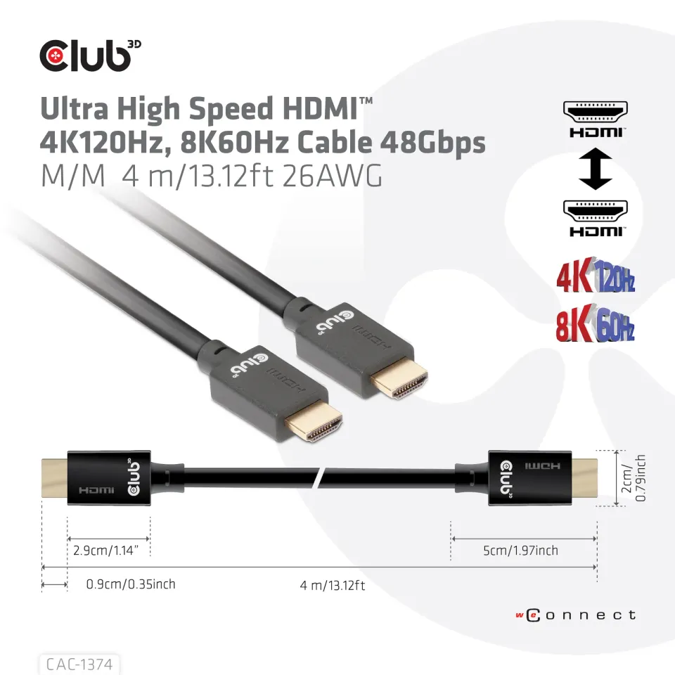 Club3D Kabel Ultra Rychlý HDMI™, 4K120Hz, 8K60Hz Cable 48Gbps (M/M), 28AWG, 4m
