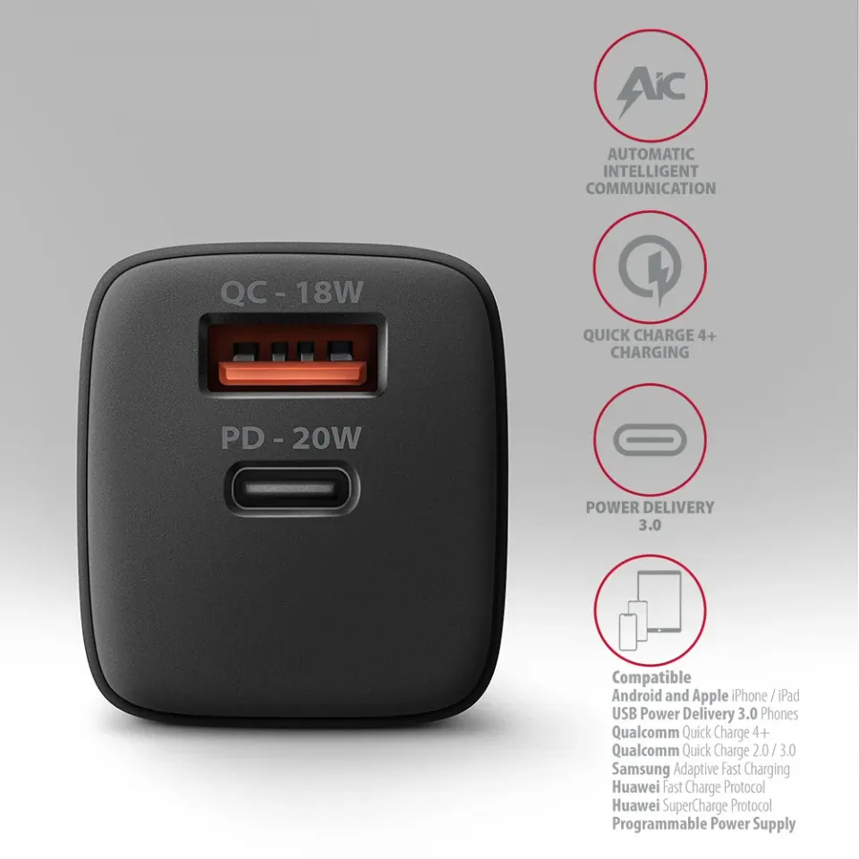 AXAGON ACU-PQ20 nabíječka do sítě 20W, 2x port (USB-A + USB-C), PD3.0/PPS/QC4+/A