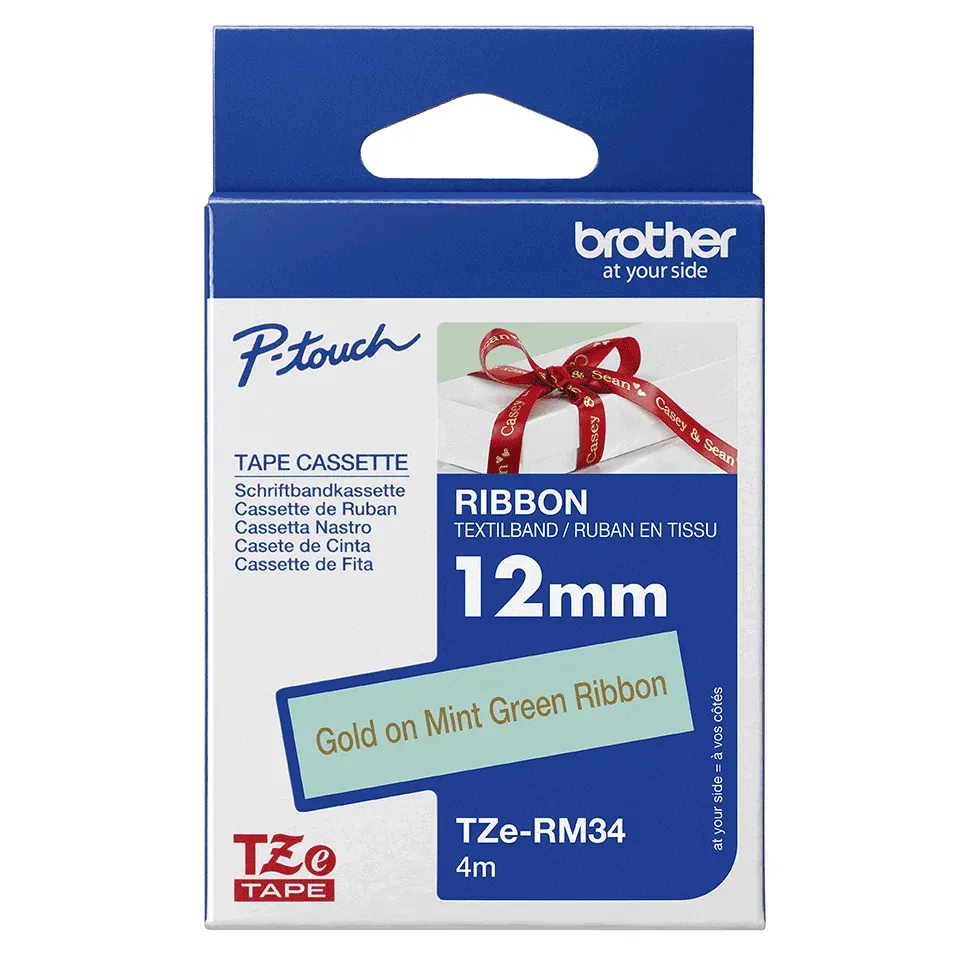Brother - TZe-RM34 mentolově zelená / zlatá (12mm, 4m, textilní)