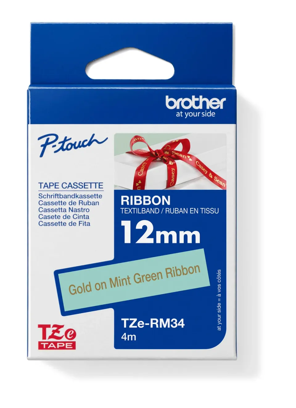 Brother - TZe-RM34 mentolově zelená / zlatá (12mm, 4m, textilní)