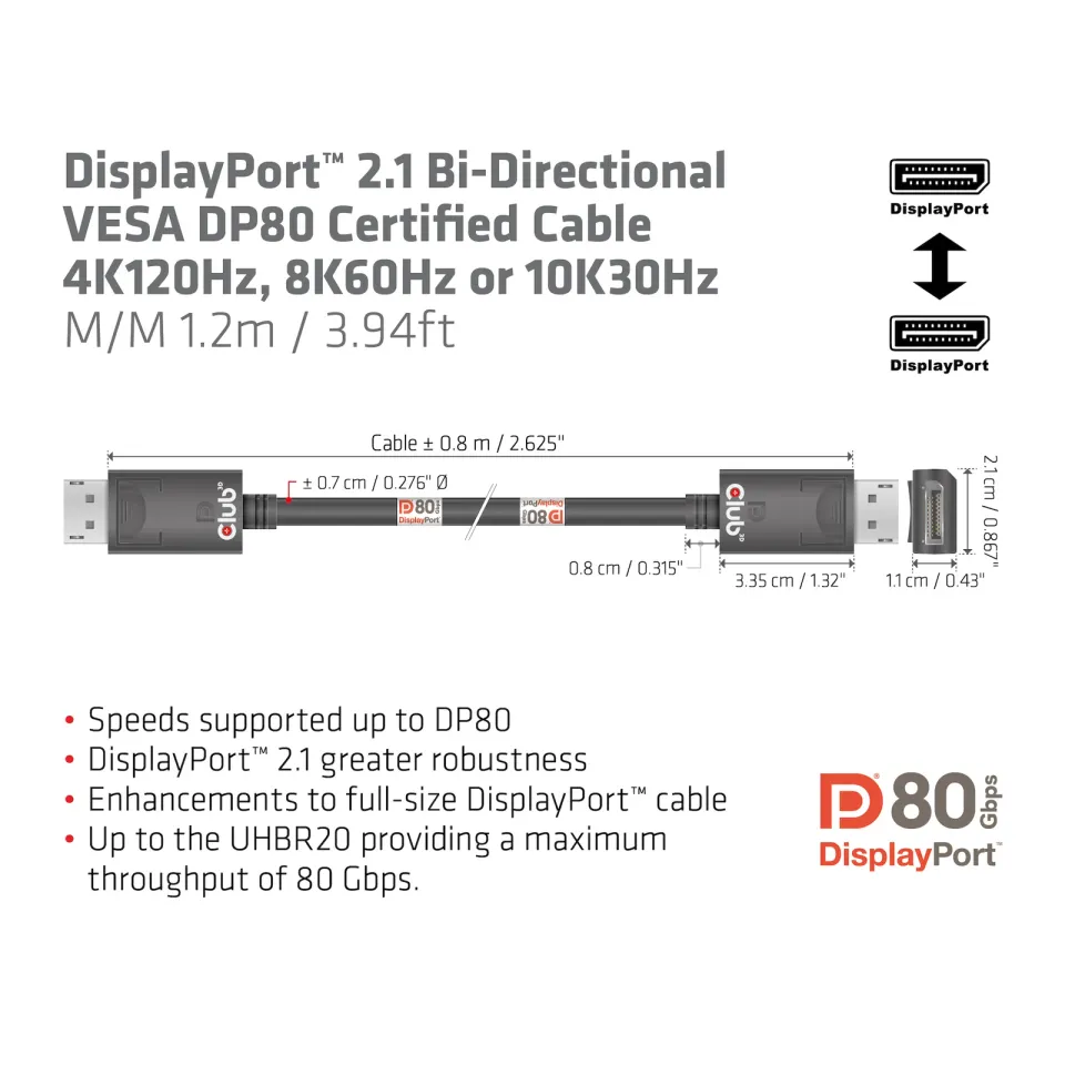 Club3D Kabel DisplayPort 2.1 na DisplayPort 2.1 VESA DP80, 4K240Hz/8K60Hz/10K30Hz HDR (M/M), 1.2m, černá