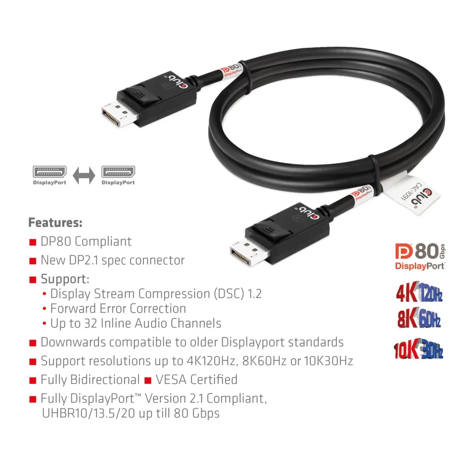 Club3D Kabel DisplayPort 2.1 na DisplayPort 2.1 VESA DP80, 4K240Hz/8K60Hz/10K30Hz HDR (M/M), 1.2m, černá