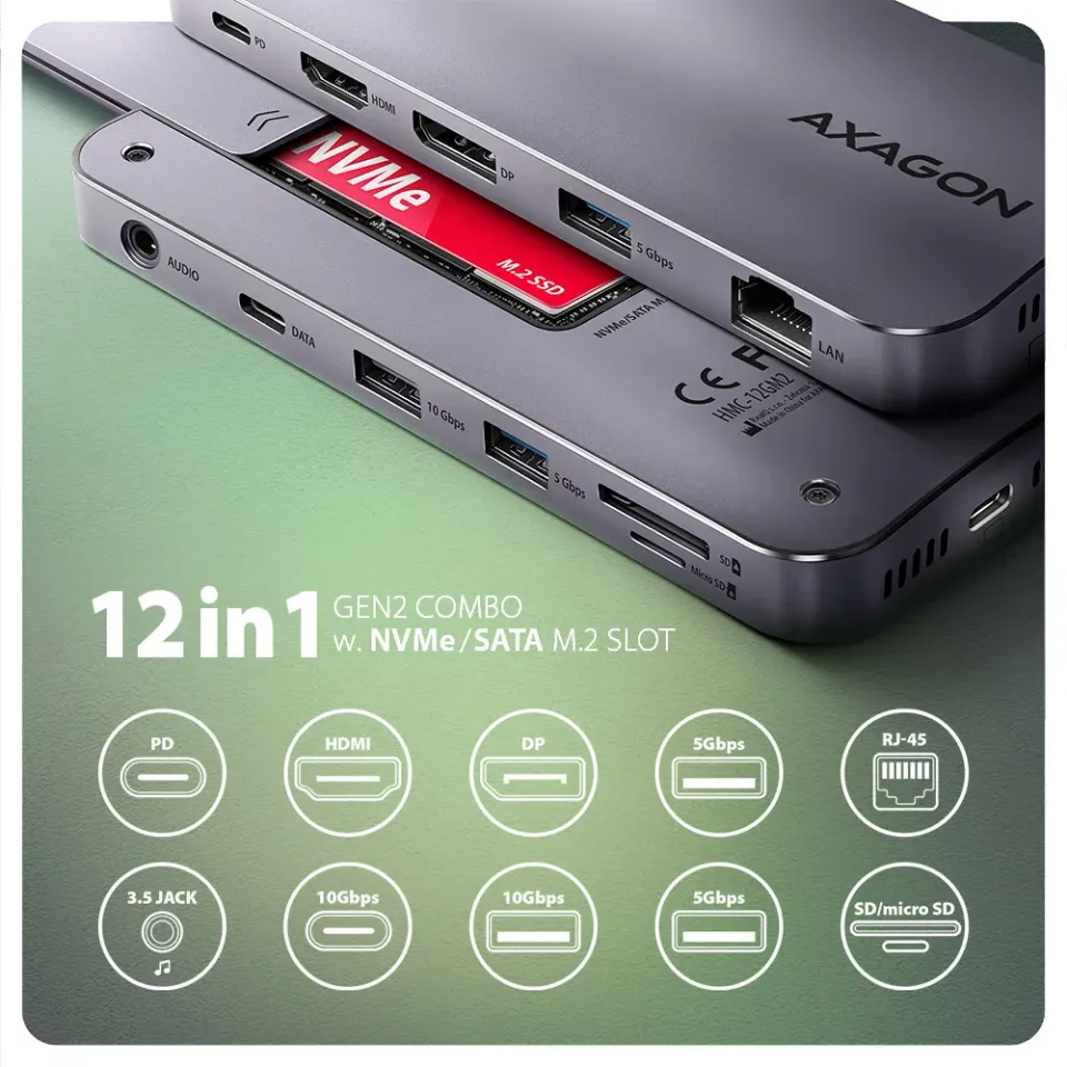 AXAGON HMC-12GM2 Multi portový USB-C 10Gbps hub. NVMe/SATA M.2, HDMI, čtečka kar