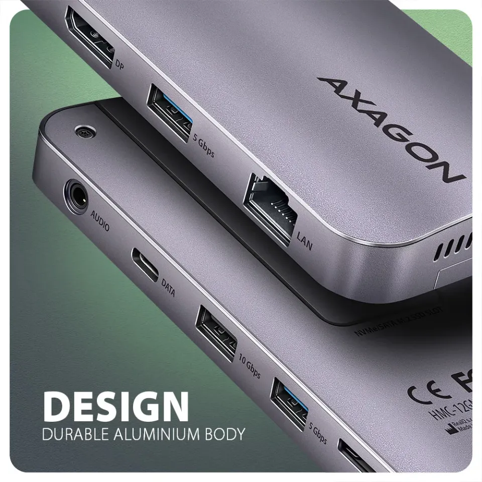AXAGON HMC-12GM2 Multi portový USB-C 10Gbps hub. NVMe/SATA M.2, HDMI, čtečka kar
