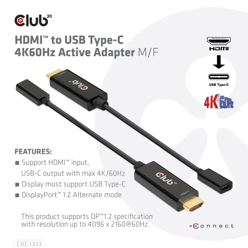 Club3D aktivní adaptér HDMI na USB-C, 4K60Hz, M/F