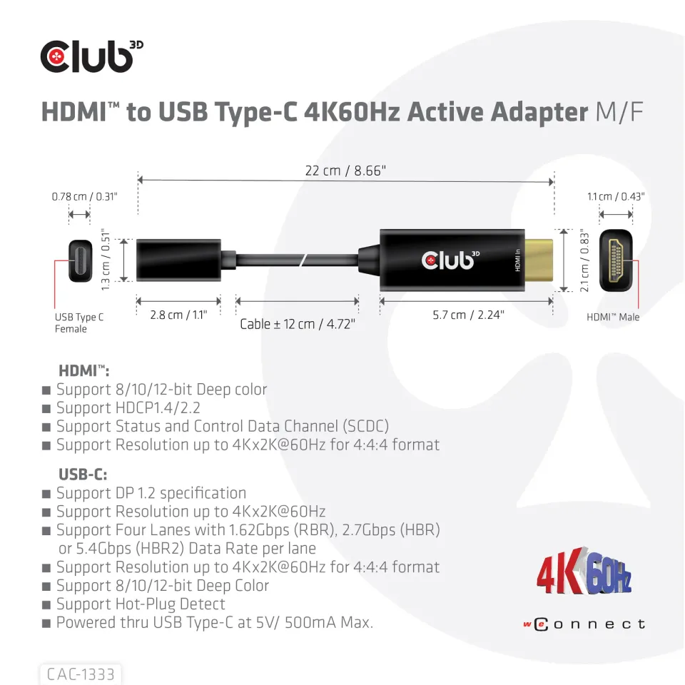 Club3D aktivní adaptér HDMI na USB-C, 4K60Hz, M/F