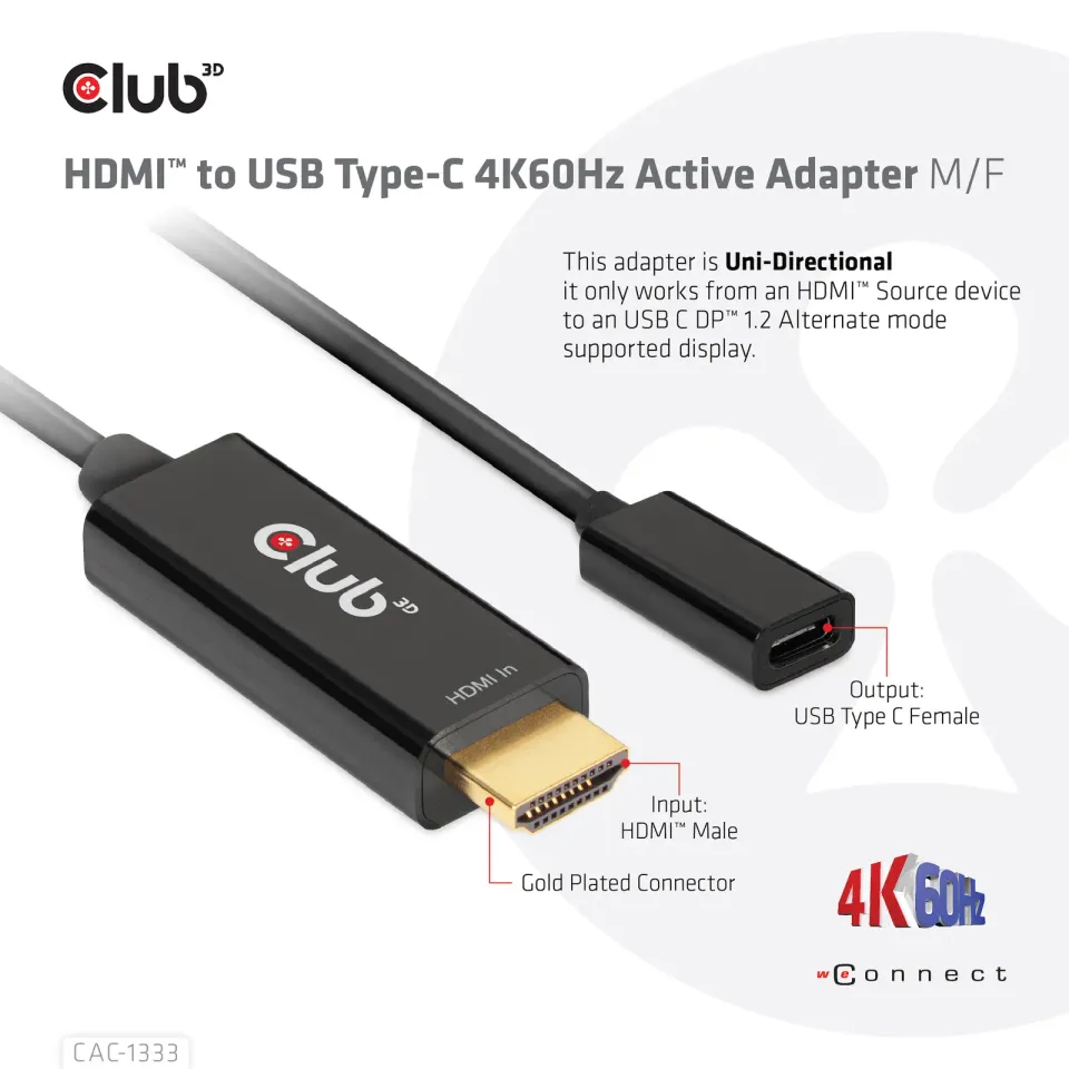 Club3D aktivní adaptér HDMI na USB-C, 4K60Hz, M/F