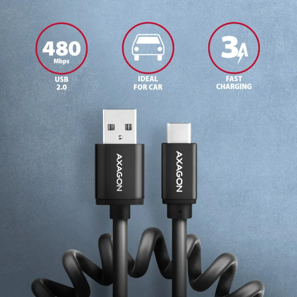 AXAGON BUCM-AM10TB, TWISTER kabel USB-C <-> USB-A, 0.6m, USB 2.0, 3A, ALU, tpe,
