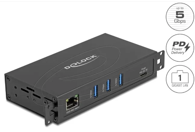 Delock 3 portový USB 5 Gbps Hub + port RJ45 Gigabit LAN s podporou PoE++ a s kon