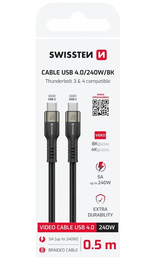 SWISSTEN DATOVÝ VIDEO KABEL USB 4.0, USB-C, 240W, 8K@60Hz, 40 Gb/s, TB3 & TB4, 0