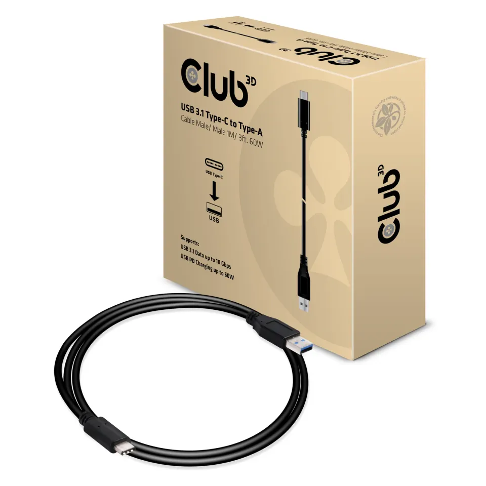 Club3D Kabel USB 3.1 typ C na USB 3.1 typ A, 10Gbps Power Delivery 60W (M/M), 1m