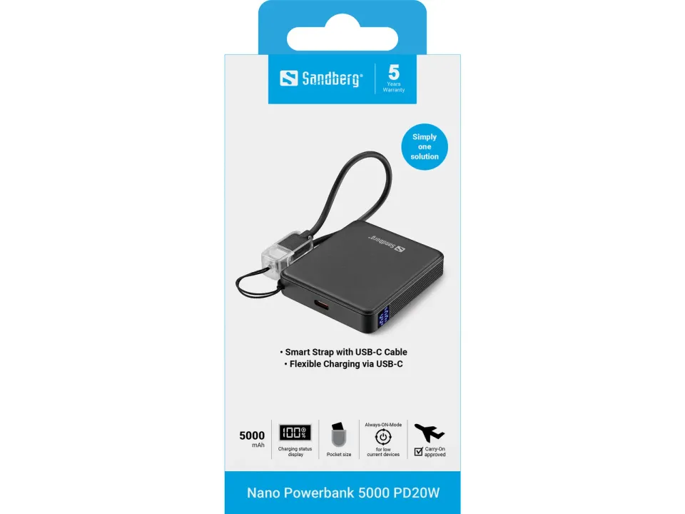 Sandberg Nano Powerbank 5000 mAh PD20W, kompaktní powerbanka s USB-C kabelem, černá