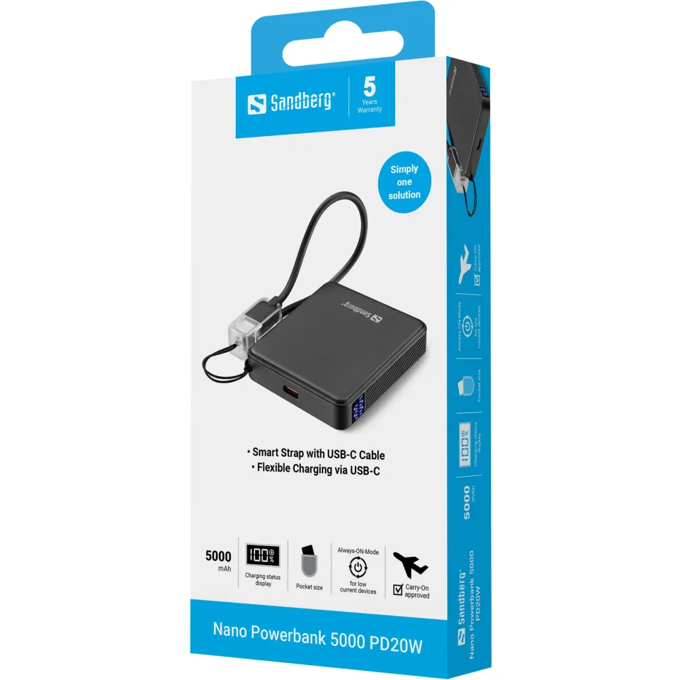 Sandberg Nano Powerbank 5000 mAh PD20W, kompaktní powerbanka s USB-C kabelem, černá