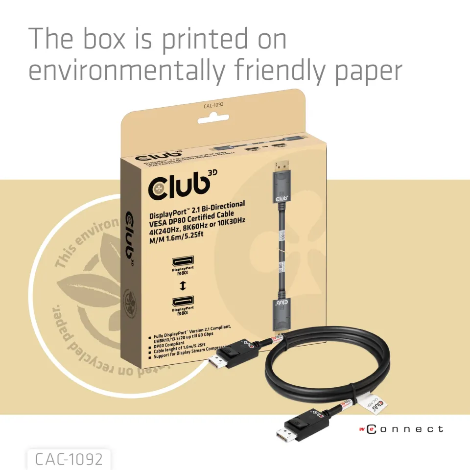 Club3D Kabel DisplayPort 2.1 na DisplayPort 2.1, VESA DP80, 4K240Hz/8K60Hz/10K60Hz (M/M), 1.6m, černá